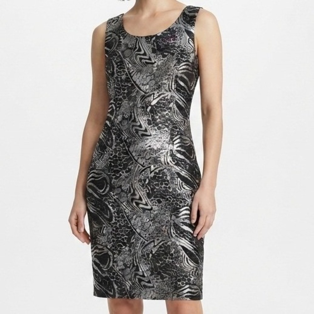 Michael Tyler Sheath Dress Womens L Black Silver Abstract Metallic Animal Print